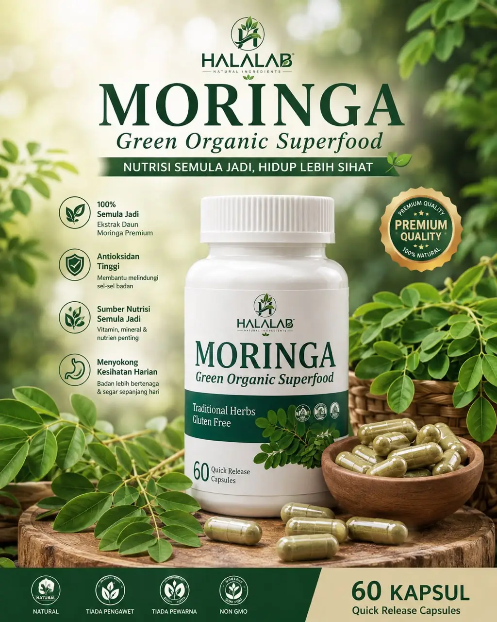 Susunan botol Kapsul Halalab Moringa
